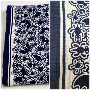 NWOT Throw Blanket Deep Navy and Cream 100% Cotton Jacquard Made In Portugal